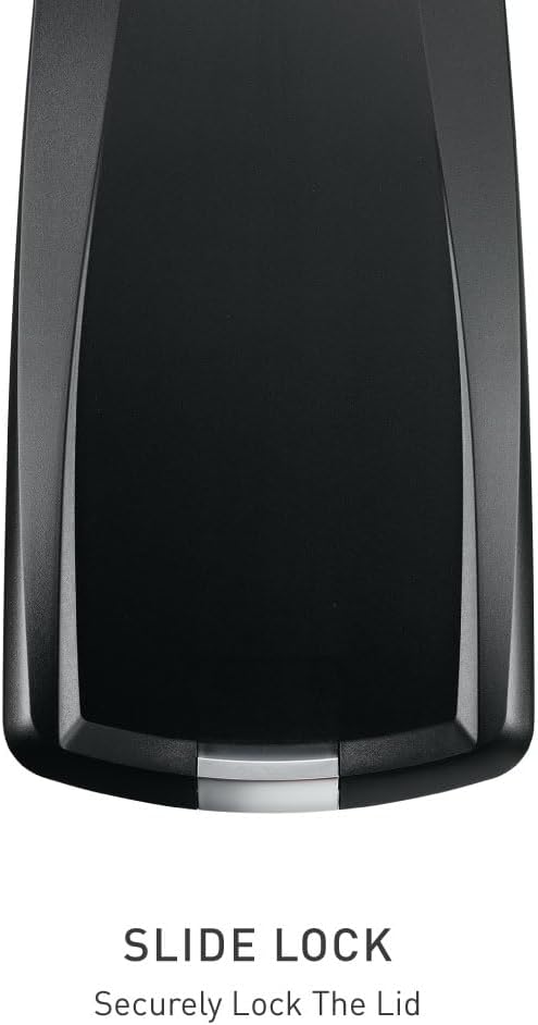 Minimalist black plastic step trash can with secure slide lock mechanism, front view — view 4