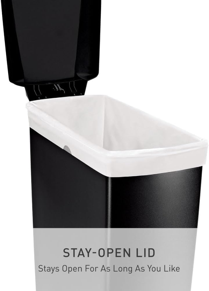 Minimalist black plastic step trash can with secure slide lock mechanism, front view — view 2