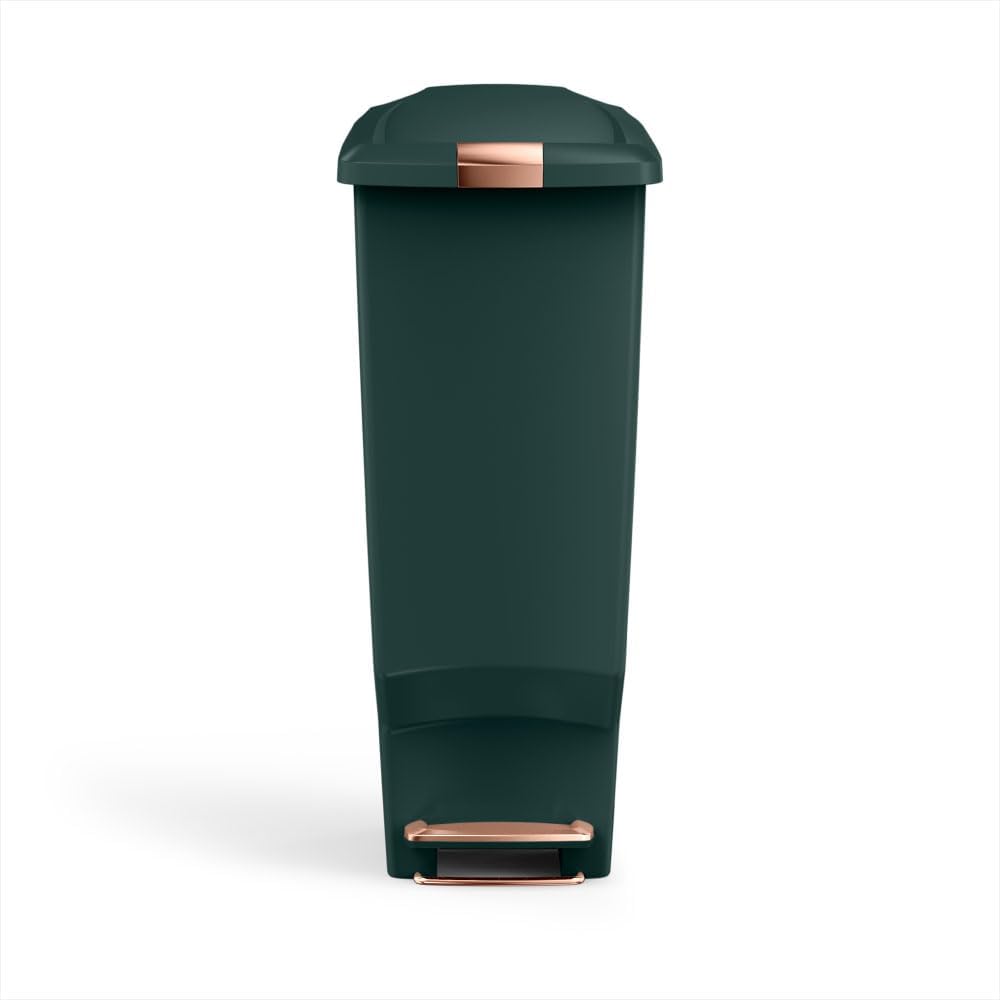Minimalist black plastic step trash can with secure slide lock mechanism, front view — view 3