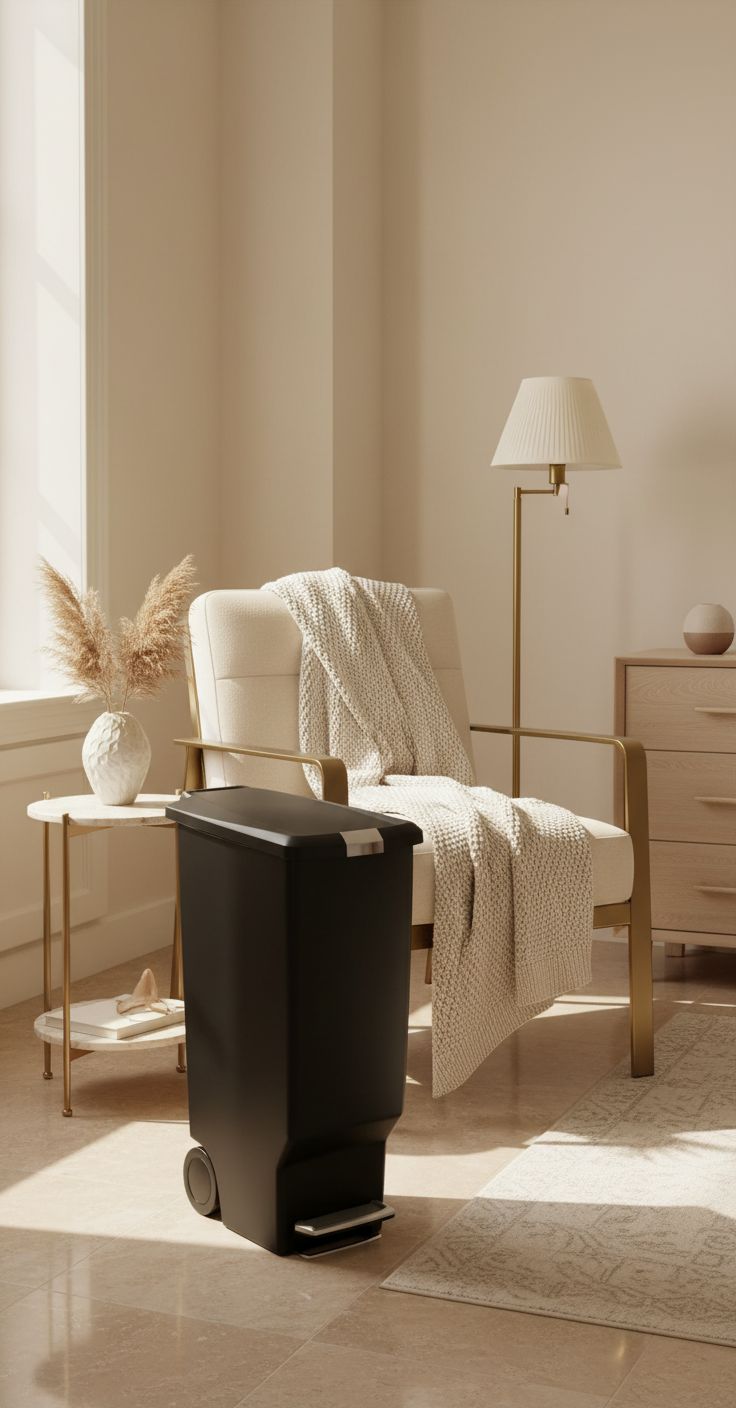 Minimalist black plastic step trash can with secure slide lock mechanism, front view — view 5b