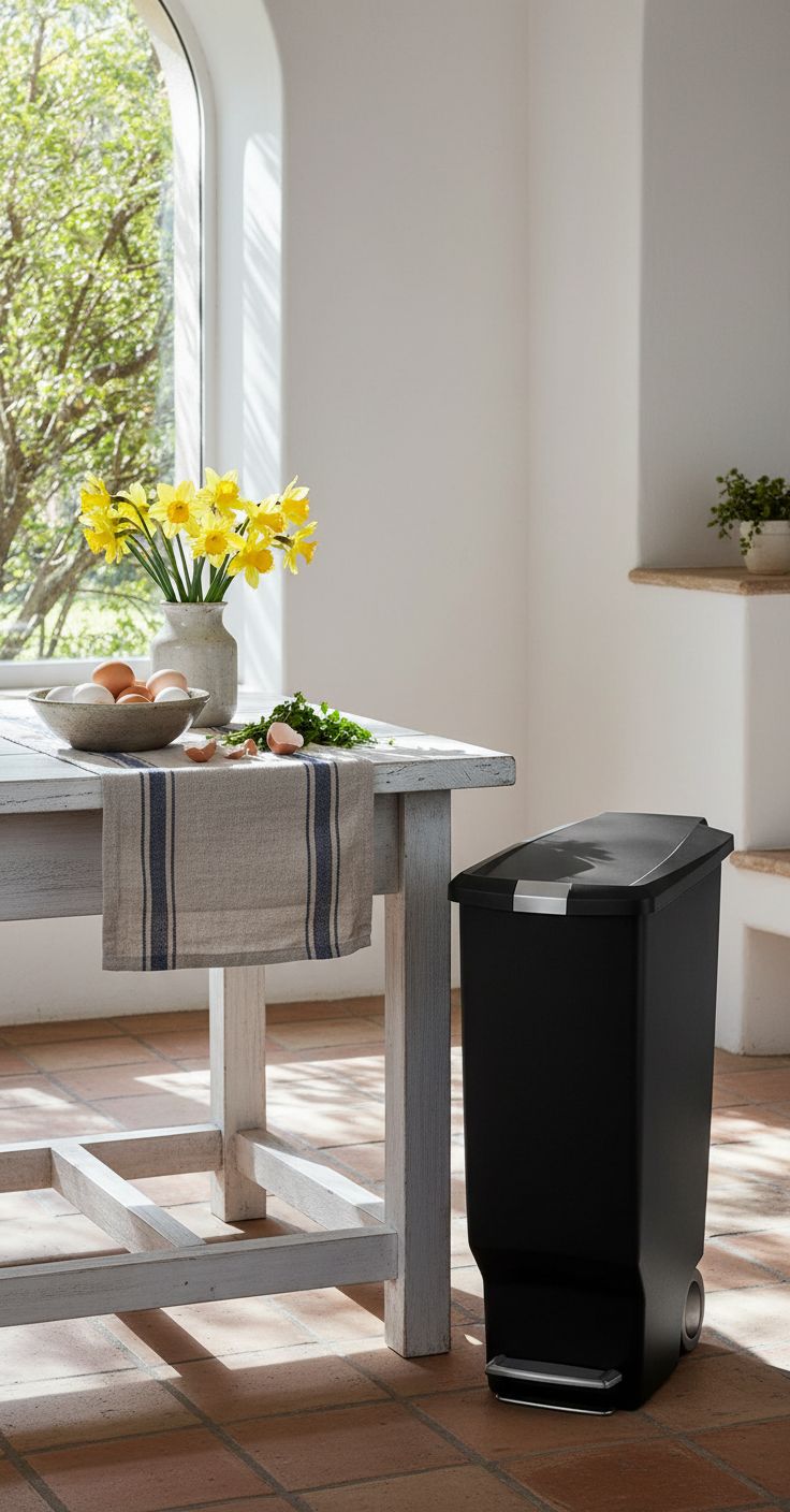 Minimalist black plastic step trash can with secure slide lock mechanism, front view — view 4