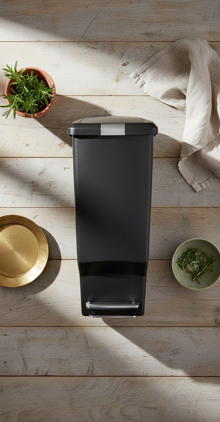 Minimalist black plastic step trash can with secure slide lock mechanism, front view — hero view 2