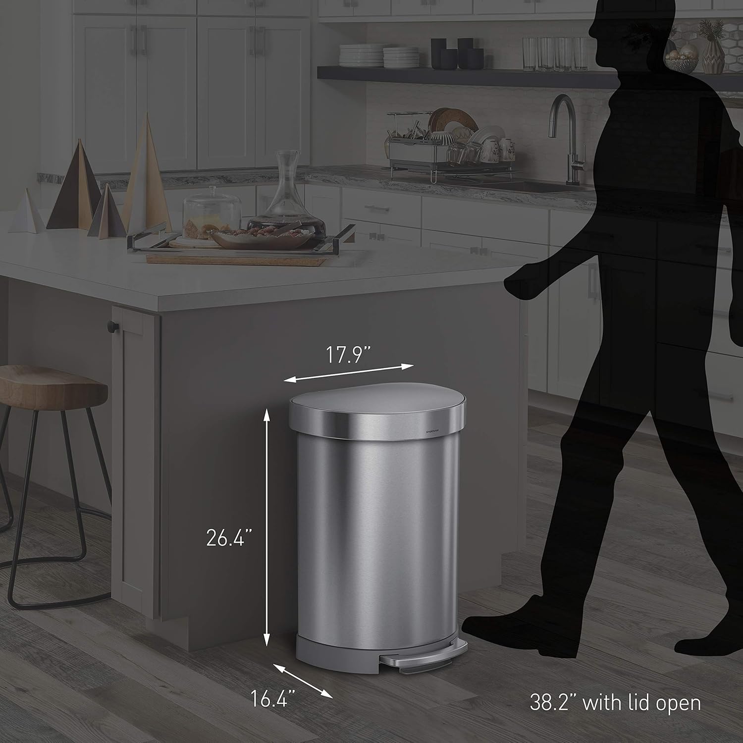 Brushed stainless steel semi-round step trash can with metal pedal and silent-close lid, shown in modern kitchen setting — view 4