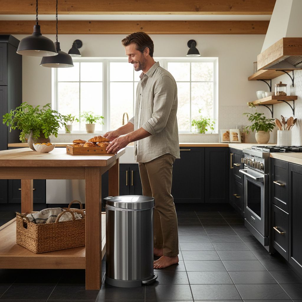 Brushed stainless steel semi-round step trash can with metal pedal and silent-close lid, shown in modern kitchen setting — view 3b