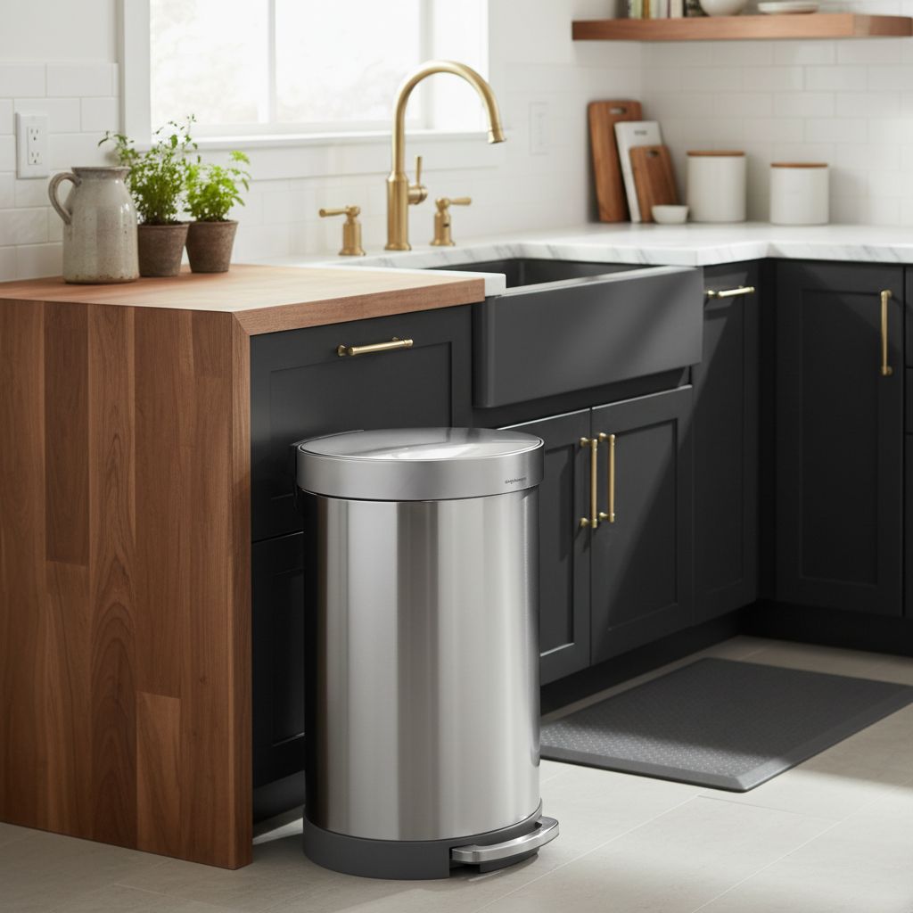 Brushed stainless steel semi-round step trash can with metal pedal and silent-close lid, shown in modern kitchen setting — view 5b