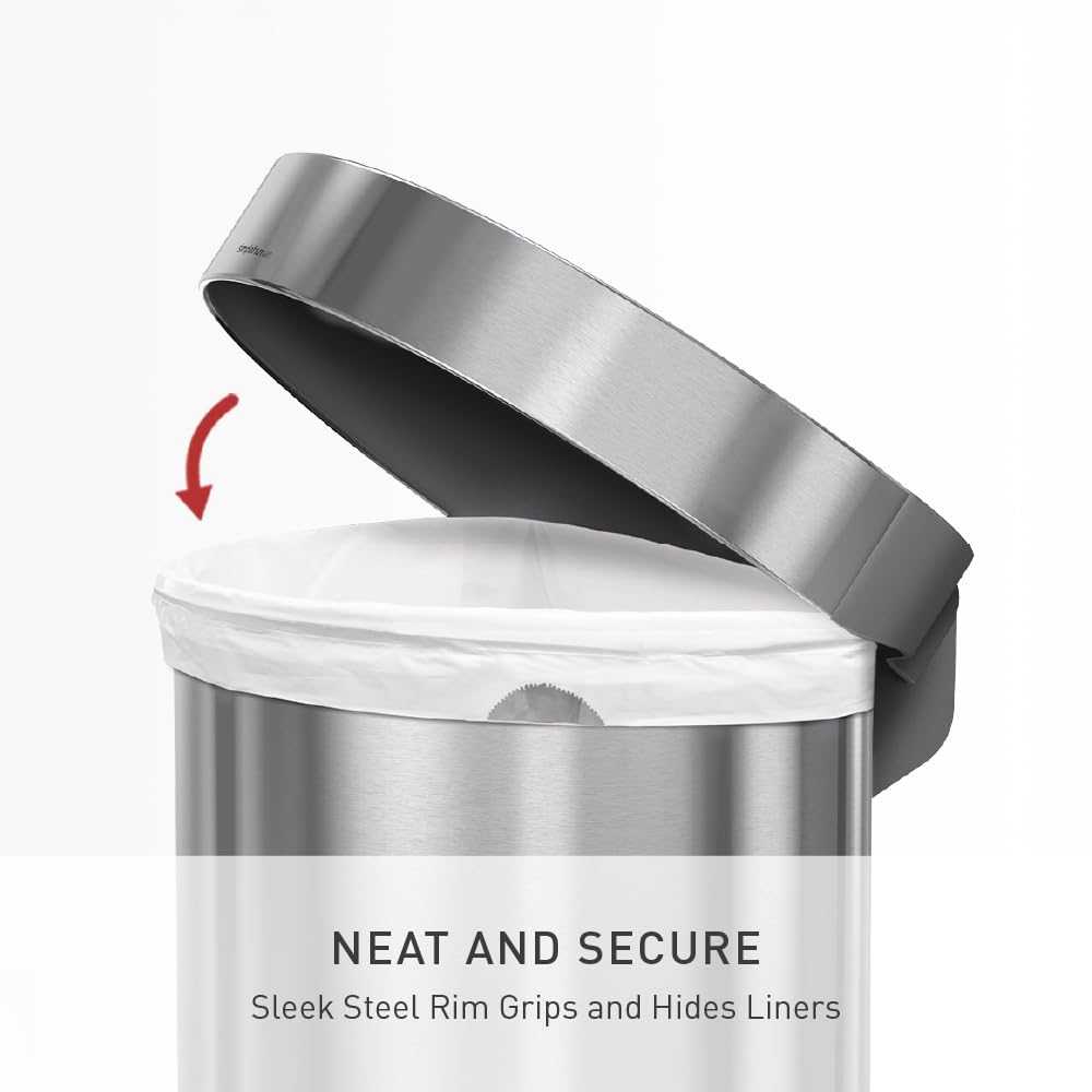 Brushed stainless steel semi-round step trash can with metal pedal and silent-close lid, shown in modern kitchen setting — view 4