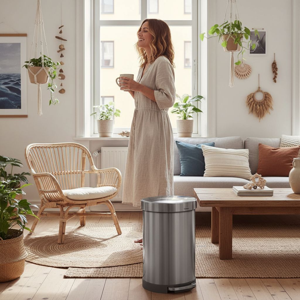 Brushed stainless steel semi-round step trash can with metal pedal and silent-close lid, shown in modern kitchen setting — view 6