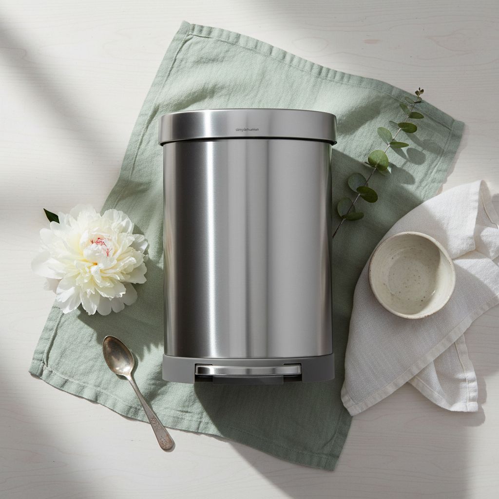 Brushed stainless steel semi-round step trash can with metal pedal and silent-close lid, shown in modern kitchen setting — hero view 2