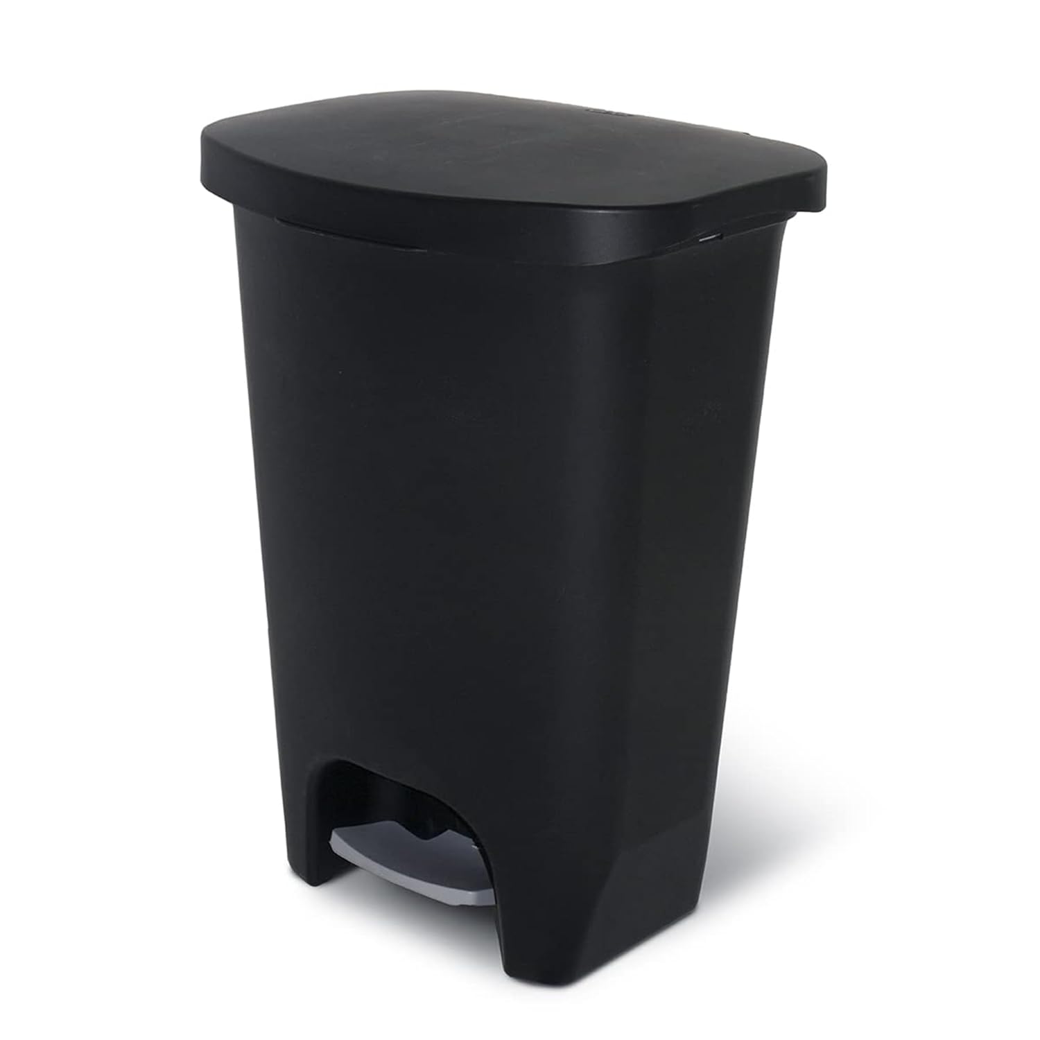 {color} durable plastic {capacity}-gallon kitchen trash can with {material} construction, shown from {angle} — front