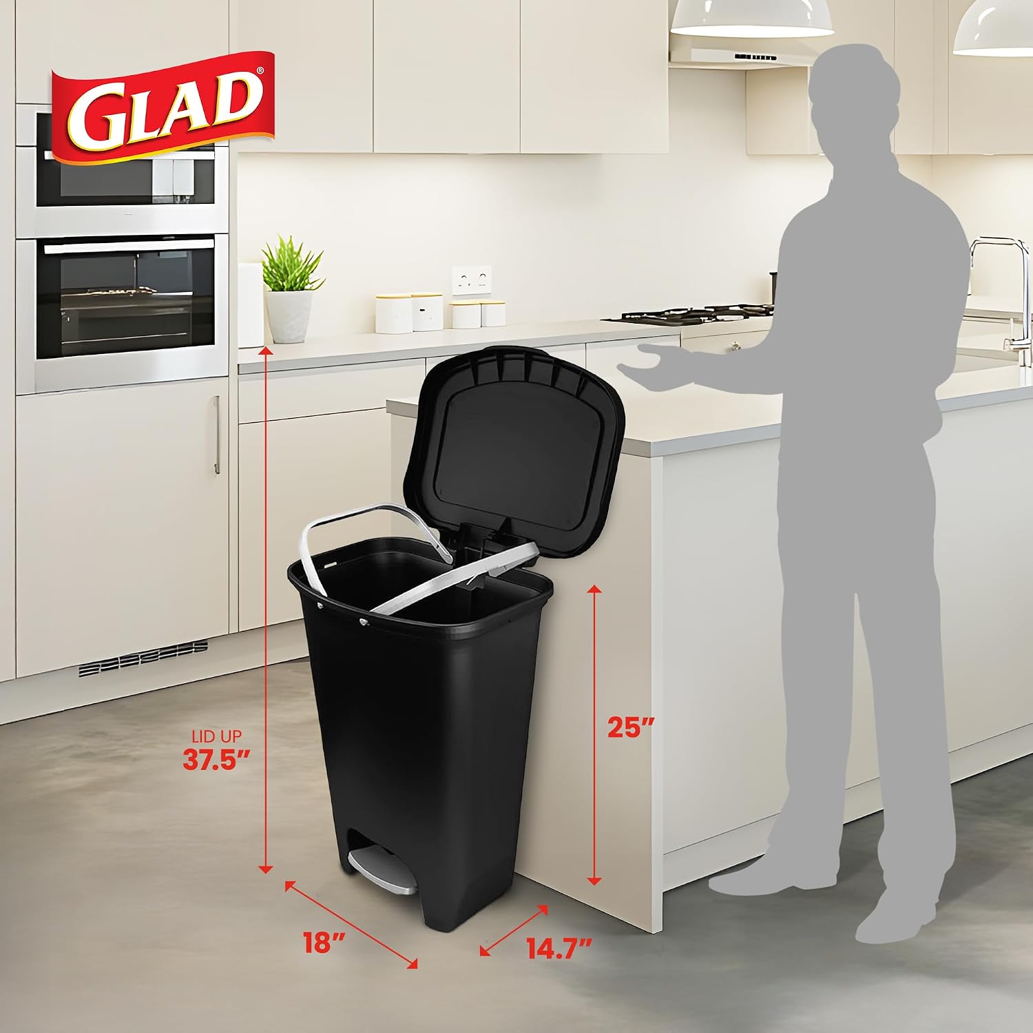 {color} durable plastic {capacity}-gallon kitchen trash can with {material} construction, shown from {angle} — side