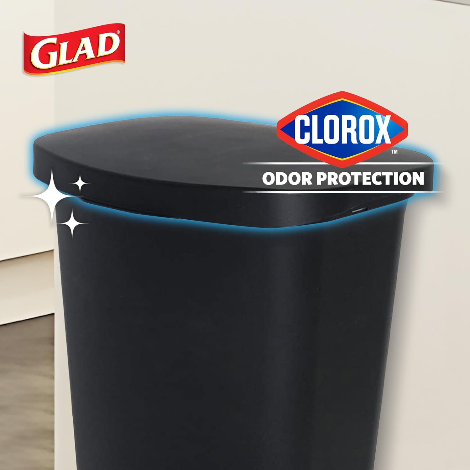 {color} durable plastic {capacity}-gallon kitchen trash can with {material} construction, shown from {angle} — back