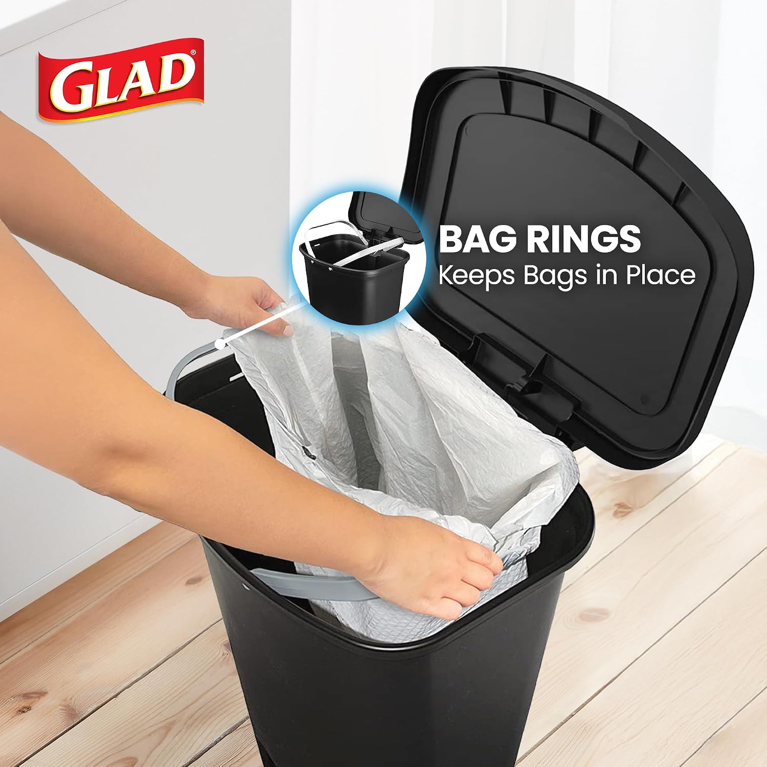 {color} durable plastic {capacity}-gallon kitchen trash can with {material} construction, shown from {angle} — view 2