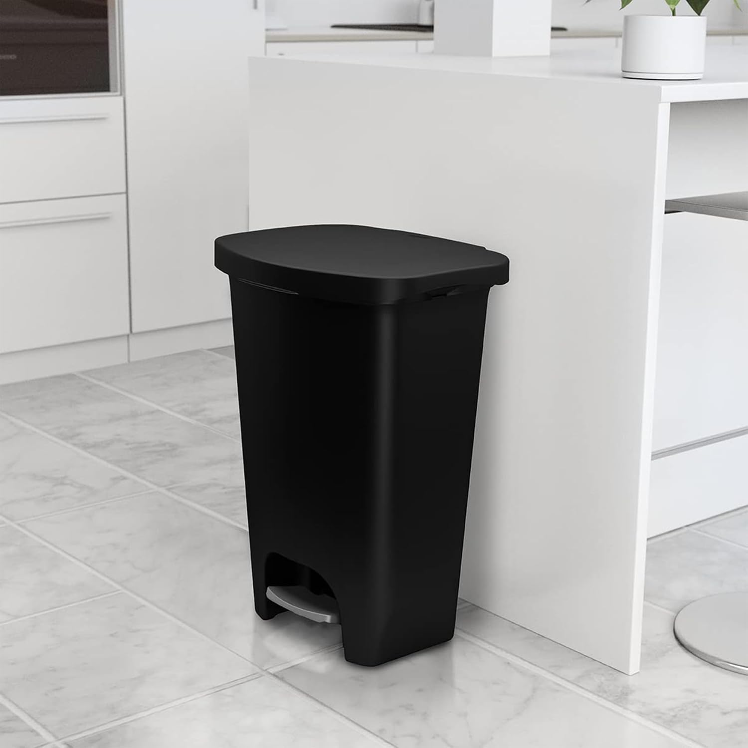 {color} durable plastic {capacity}-gallon kitchen trash can with {material} construction, shown from {angle} — view 4