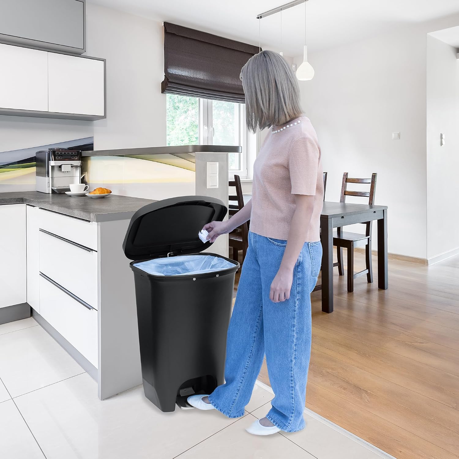 {color} durable plastic {capacity}-gallon kitchen trash can with {material} construction, shown from {angle} — view 5