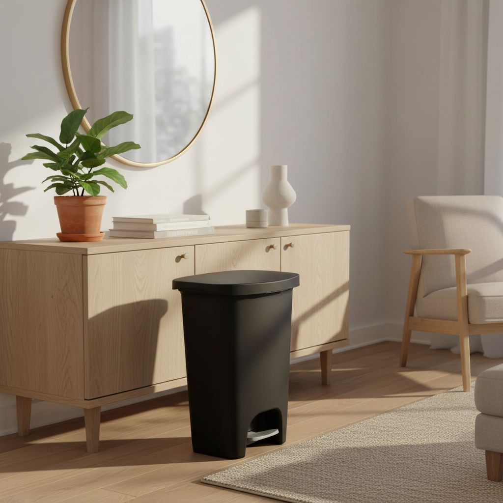 {color} durable plastic {capacity}-gallon kitchen trash can with {material} construction, shown from {angle} — view 5b
