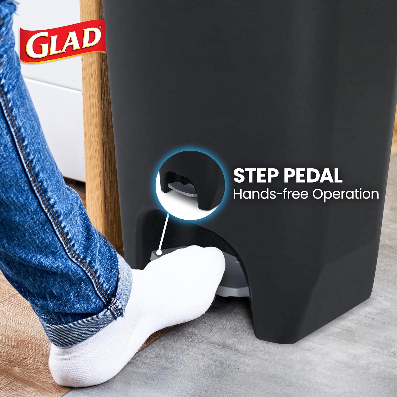 {color} durable plastic {capacity}-gallon kitchen trash can with {material} construction, shown from {angle} — view 7