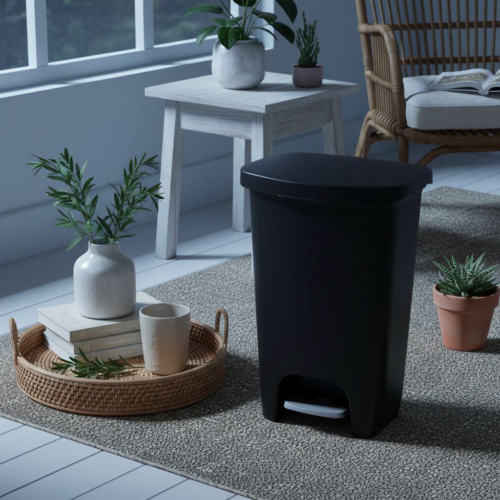 {color} durable plastic {capacity}-gallon kitchen trash can with {material} construction, shown from {angle} — view 3a