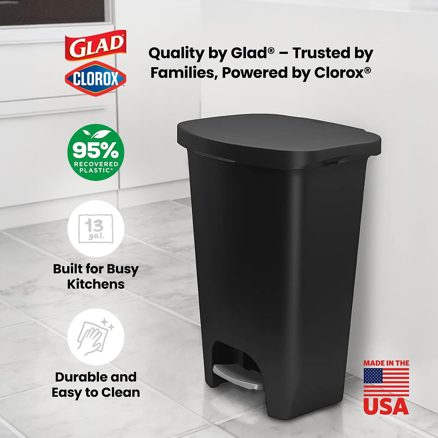 {color} durable plastic {capacity}-gallon kitchen trash can with {material} construction, shown from {angle} — view 6