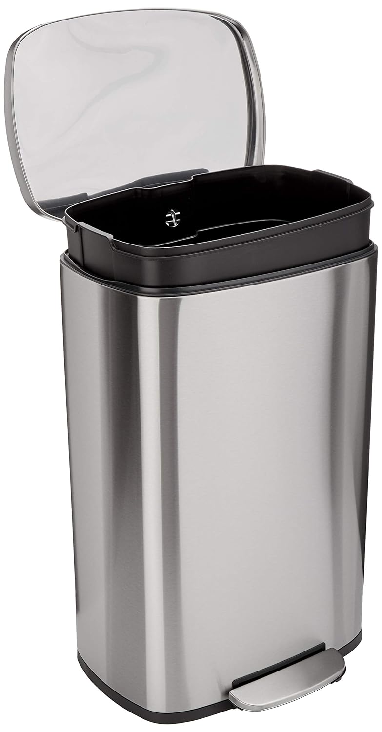 [Color] brushed stainless steel rectangular trash can with soft-close lid and step foot pedal, [angle view] showing [size/capacity detail] — view 1