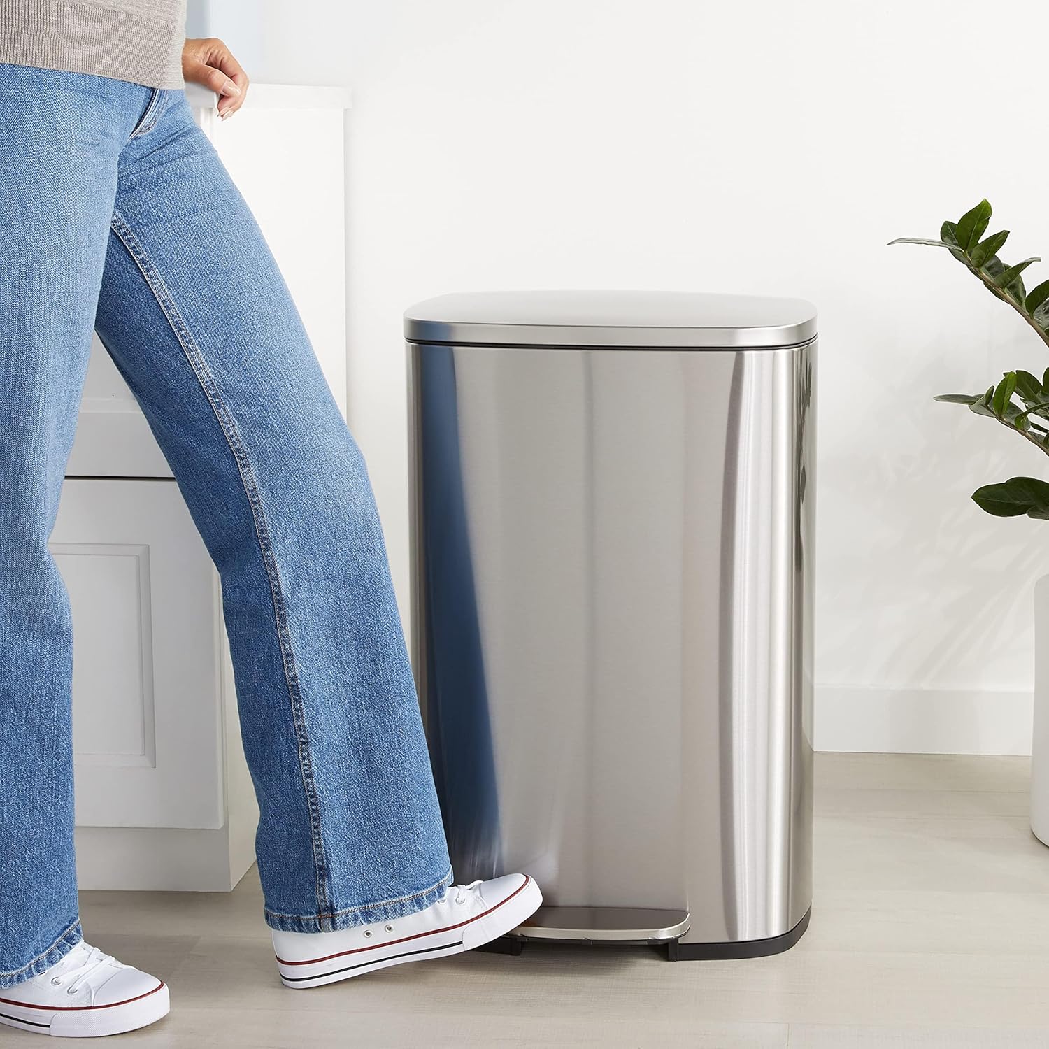 [Color] brushed stainless steel rectangular trash can with soft-close lid and step foot pedal, [angle view] showing [size/capacity detail] — view 2