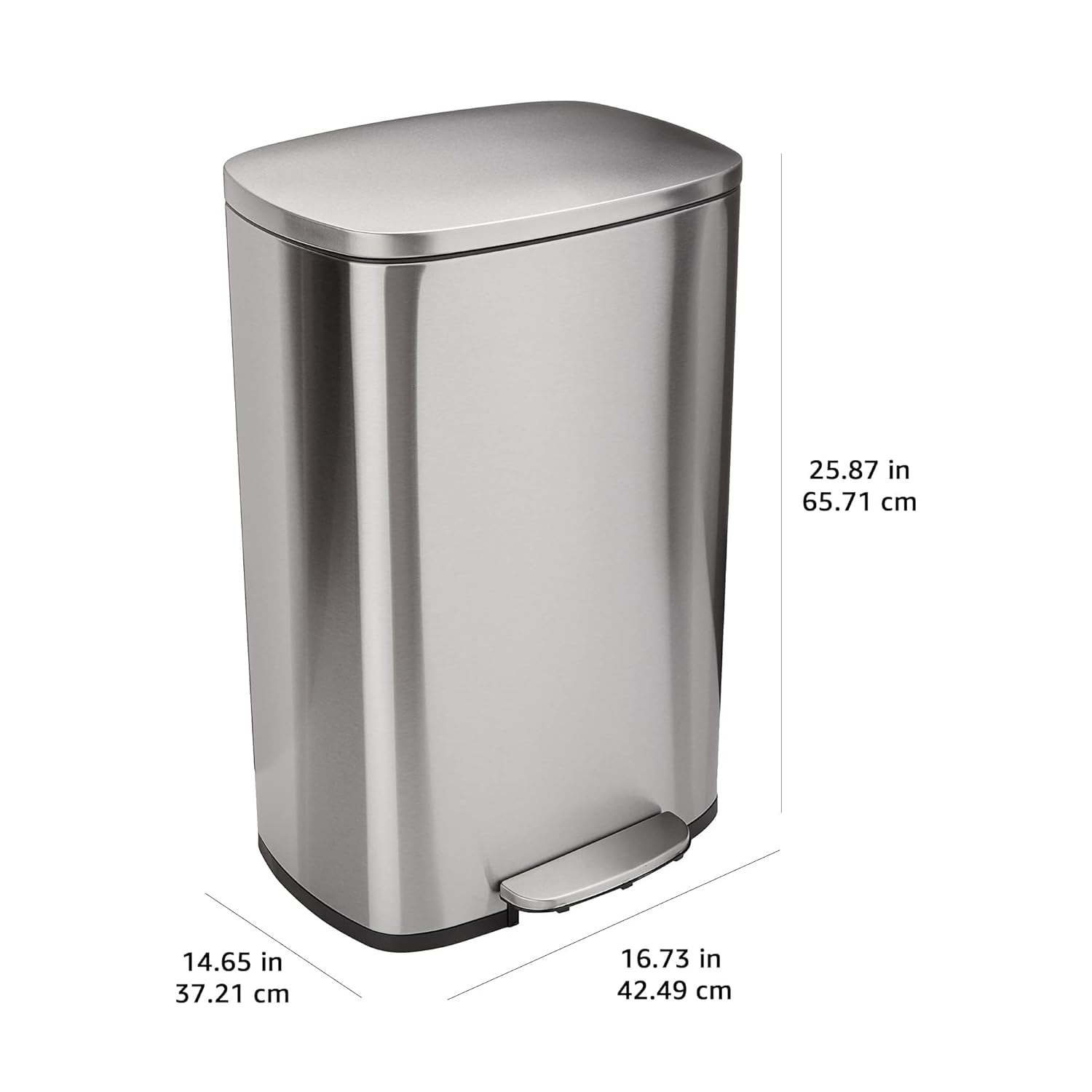 [Color] brushed stainless steel rectangular trash can with soft-close lid and step foot pedal, [angle view] showing [size/capacity detail] — view 3