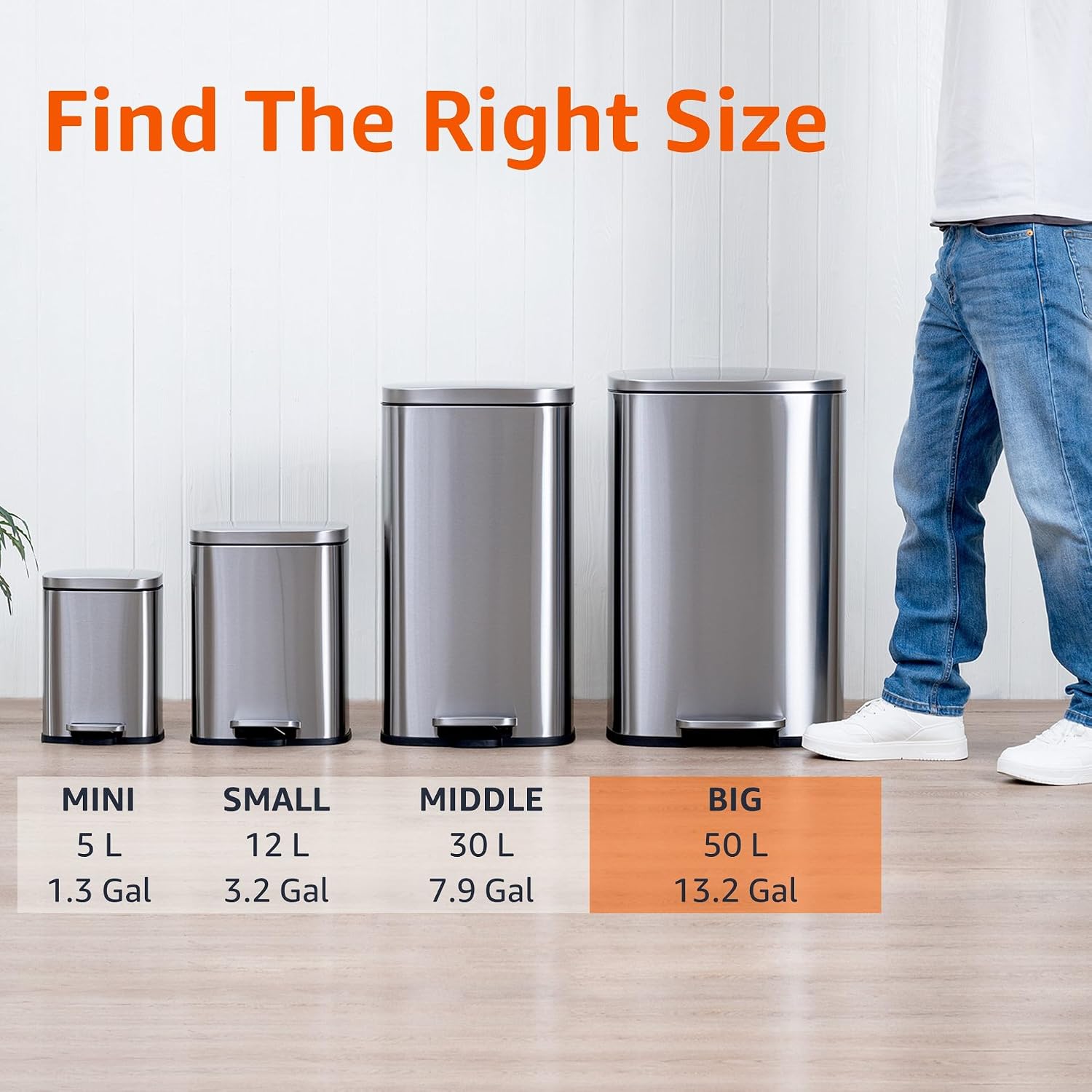 [Color] brushed stainless steel rectangular trash can with soft-close lid and step foot pedal, [angle view] showing [size/capacity detail] — view 4