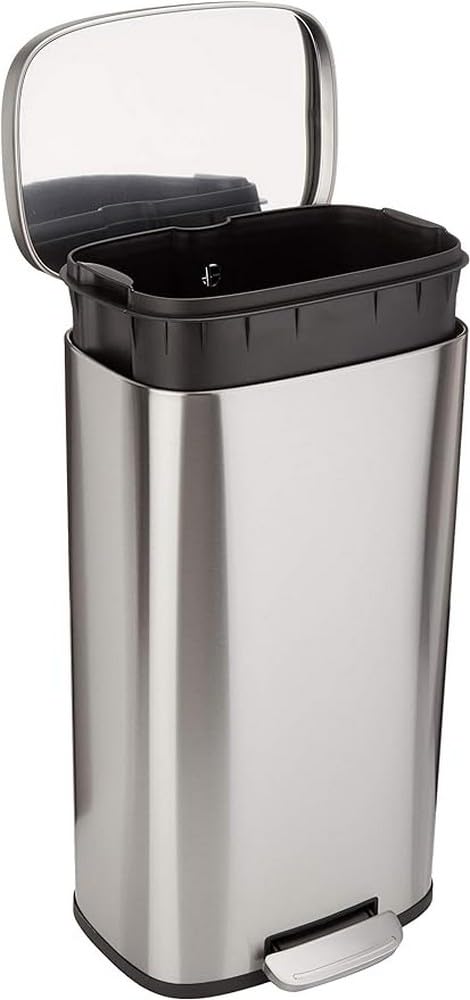 [Color] brushed stainless steel rectangular trash can with soft-close lid and step foot pedal, [angle view] showing [size/capacity detail] — view 4