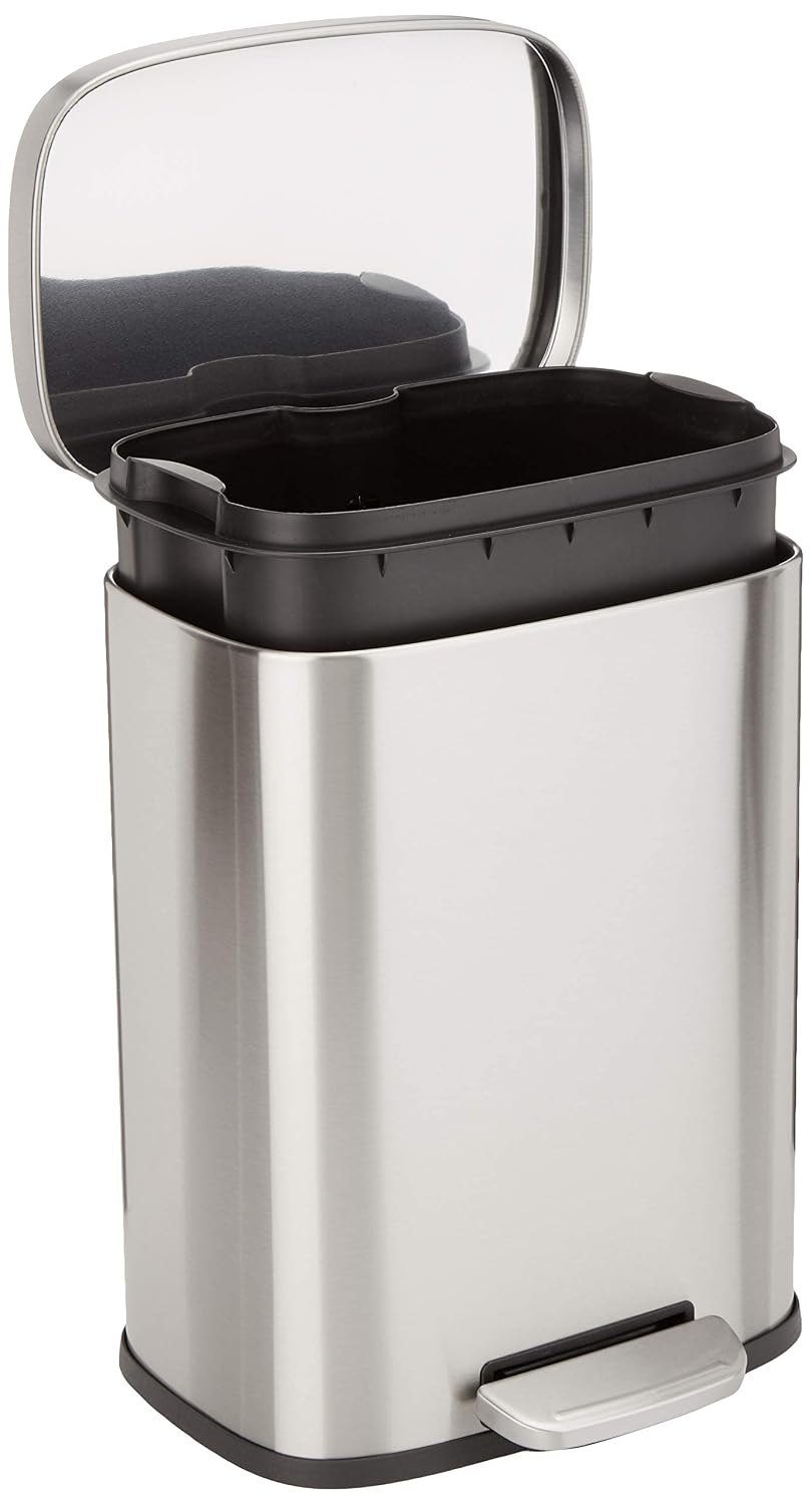 [Color] brushed stainless steel rectangular trash can with soft-close lid and step foot pedal, [angle view] showing [size/capacity detail] — view 5