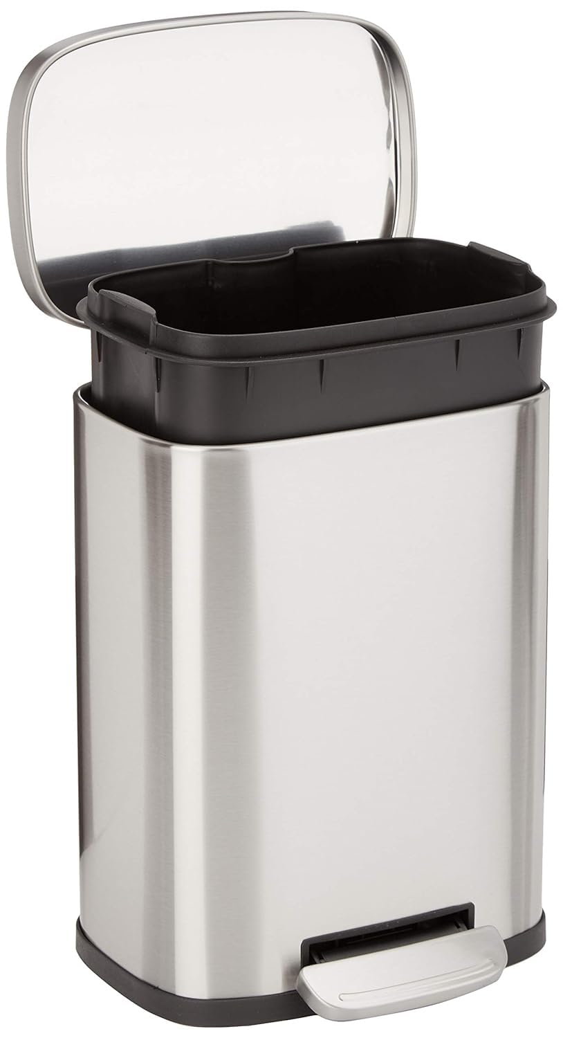 [Color] brushed stainless steel rectangular trash can with soft-close lid and step foot pedal, [angle view] showing [size/capacity detail] — view 5b