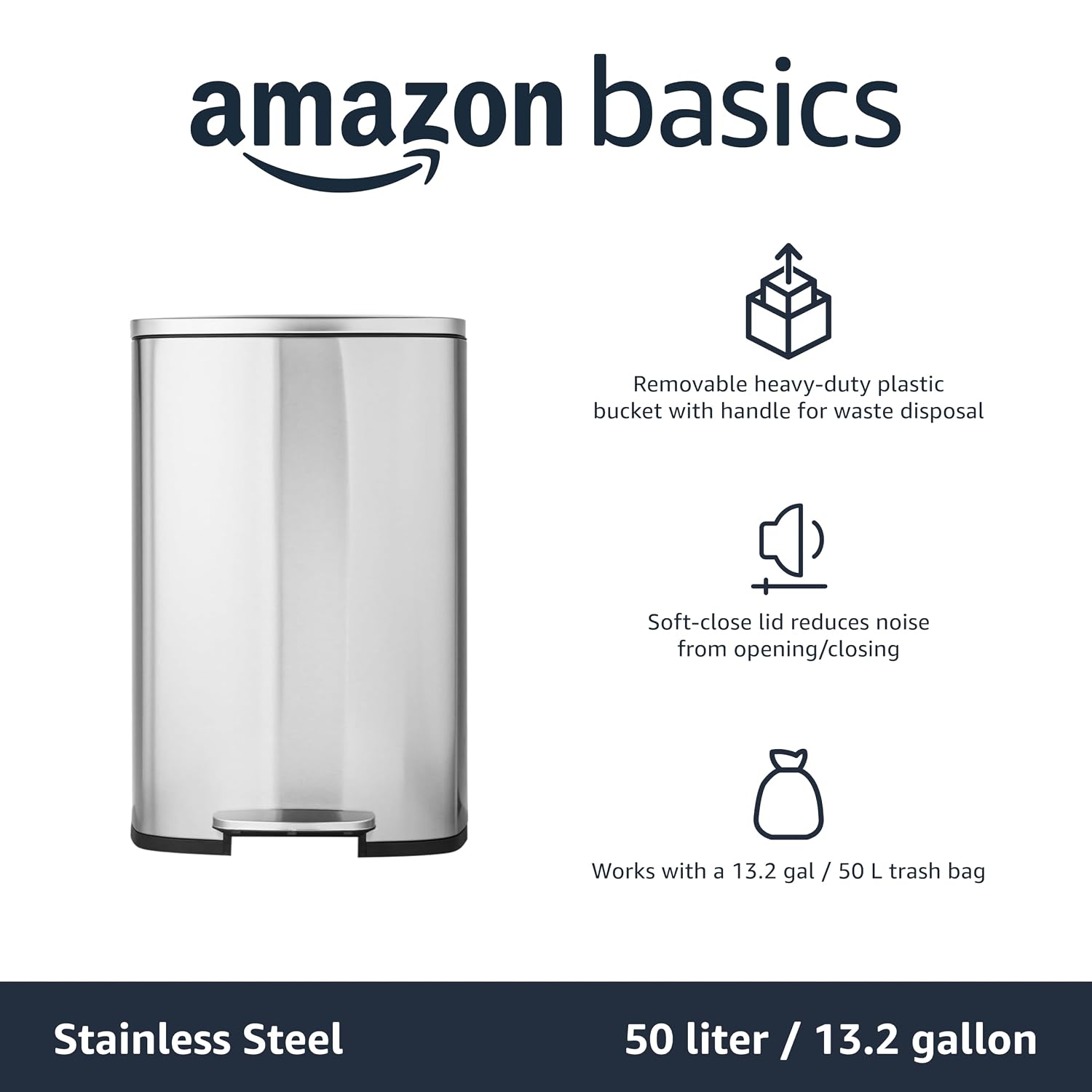 [Color] brushed stainless steel rectangular trash can with soft-close lid and step foot pedal, [angle view] showing [size/capacity detail] — view 4