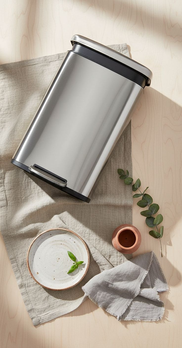 [Color] brushed stainless steel rectangular trash can with soft-close lid and step foot pedal, [angle view] showing [size/capacity detail] — hero view 2
