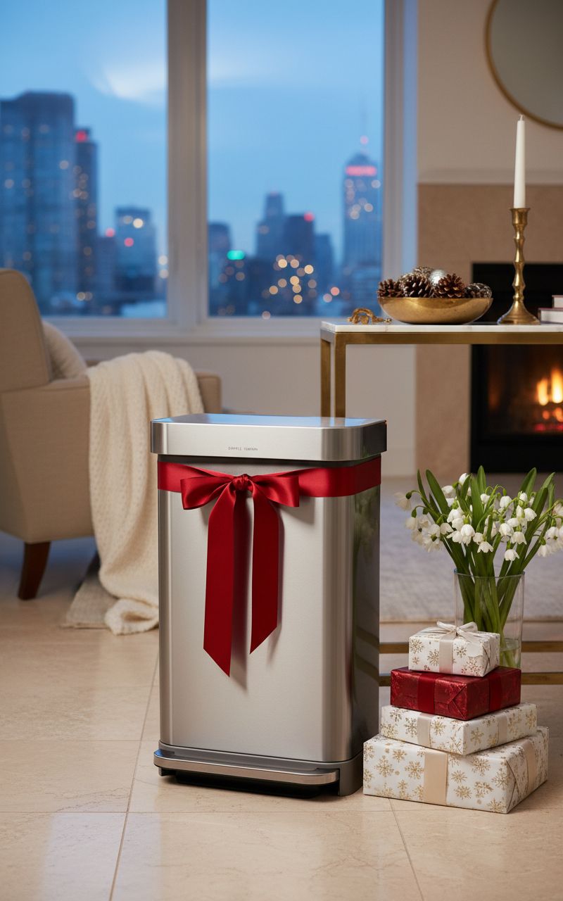 Rectangular brushed stainless steel step trash can with grey plastic lid and pedal mechanism, shown in modern kitchen setting — view 4