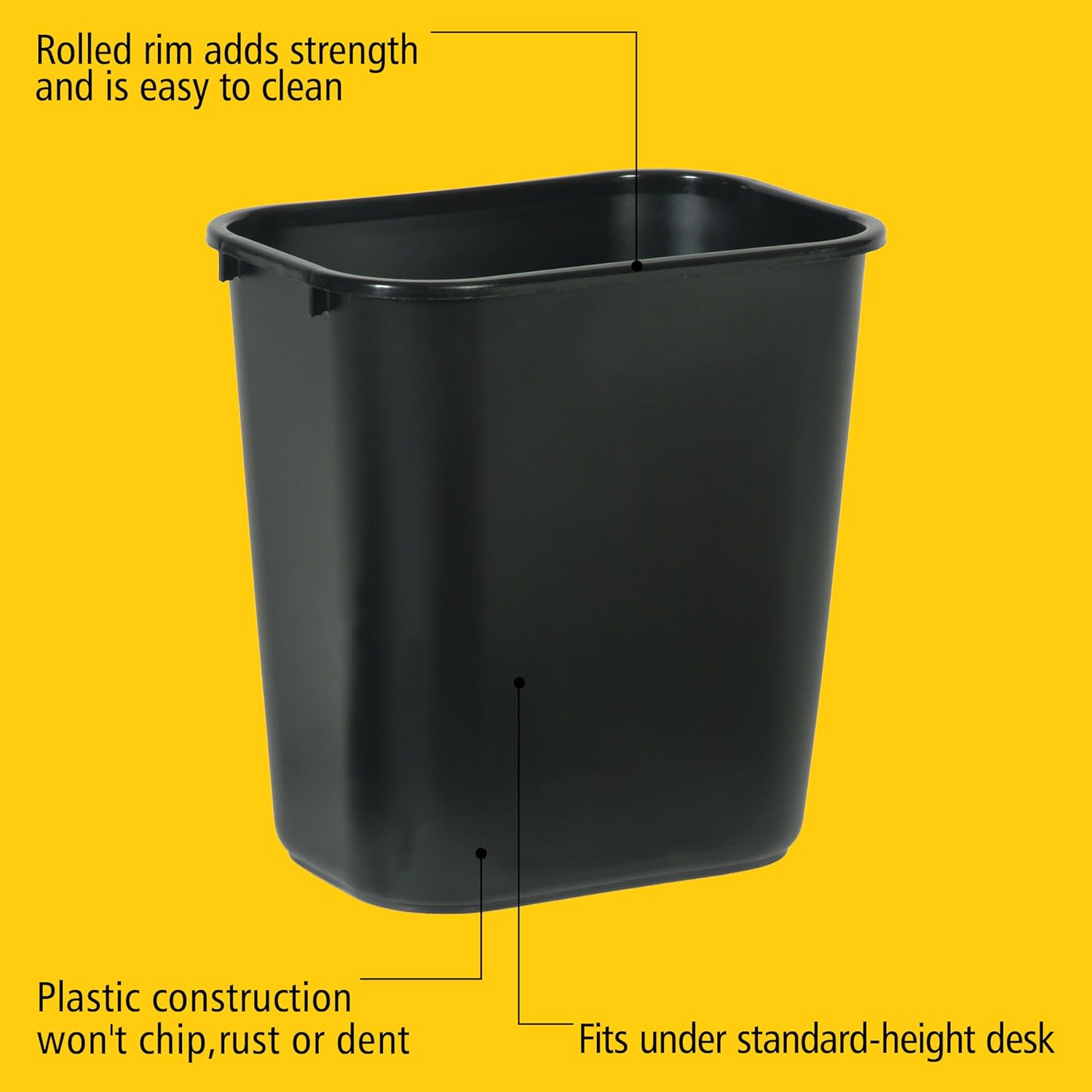 [Color] plastic wastebasket with rubber base, [capacity]-gallon capacity, minimalist office storage solution — view 4