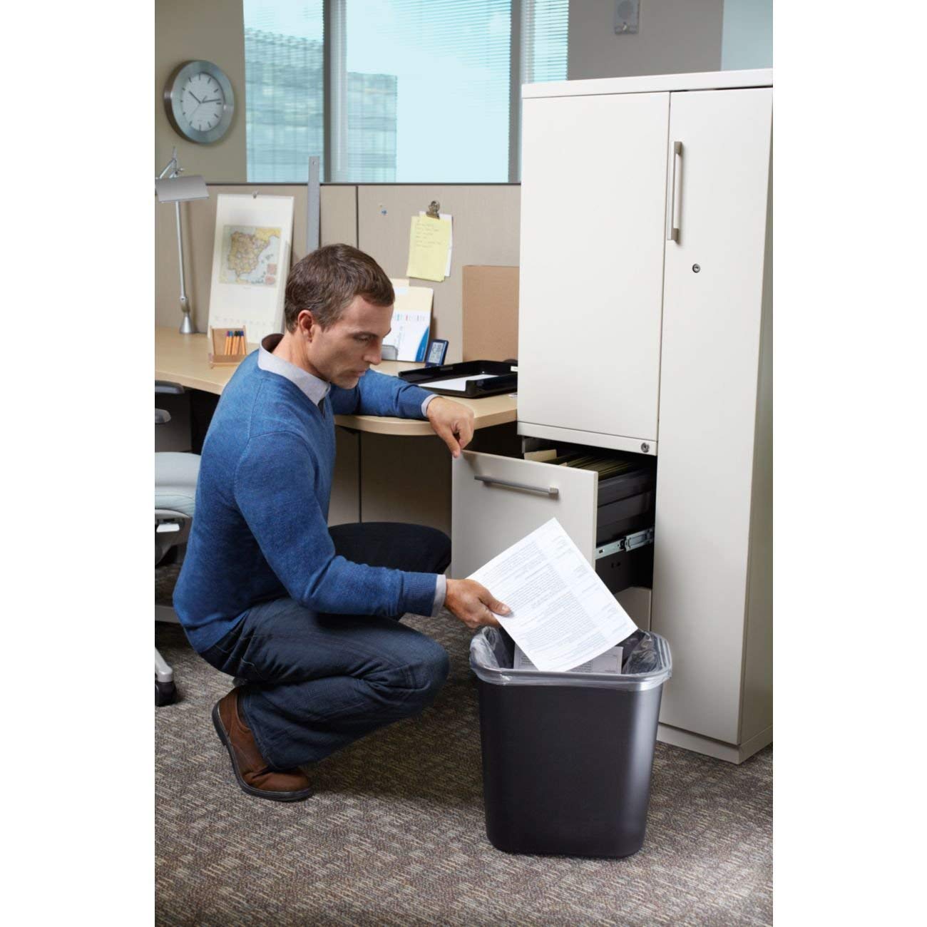 [Color] plastic wastebasket with rubber base, [capacity]-gallon capacity, minimalist office storage solution — view 3