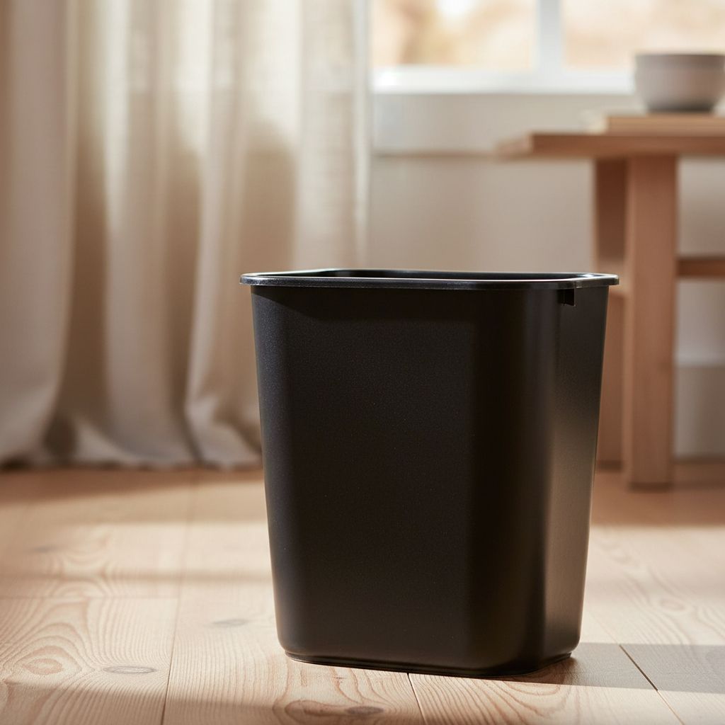 [Color] plastic wastebasket with rubber base, [capacity]-gallon capacity, minimalist office storage solution — view 7