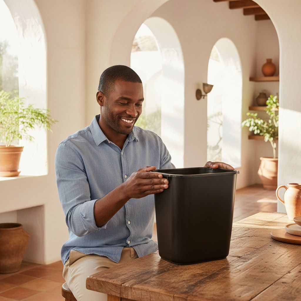 [Color] plastic wastebasket with rubber base, [capacity]-gallon capacity, minimalist office storage solution — view 2