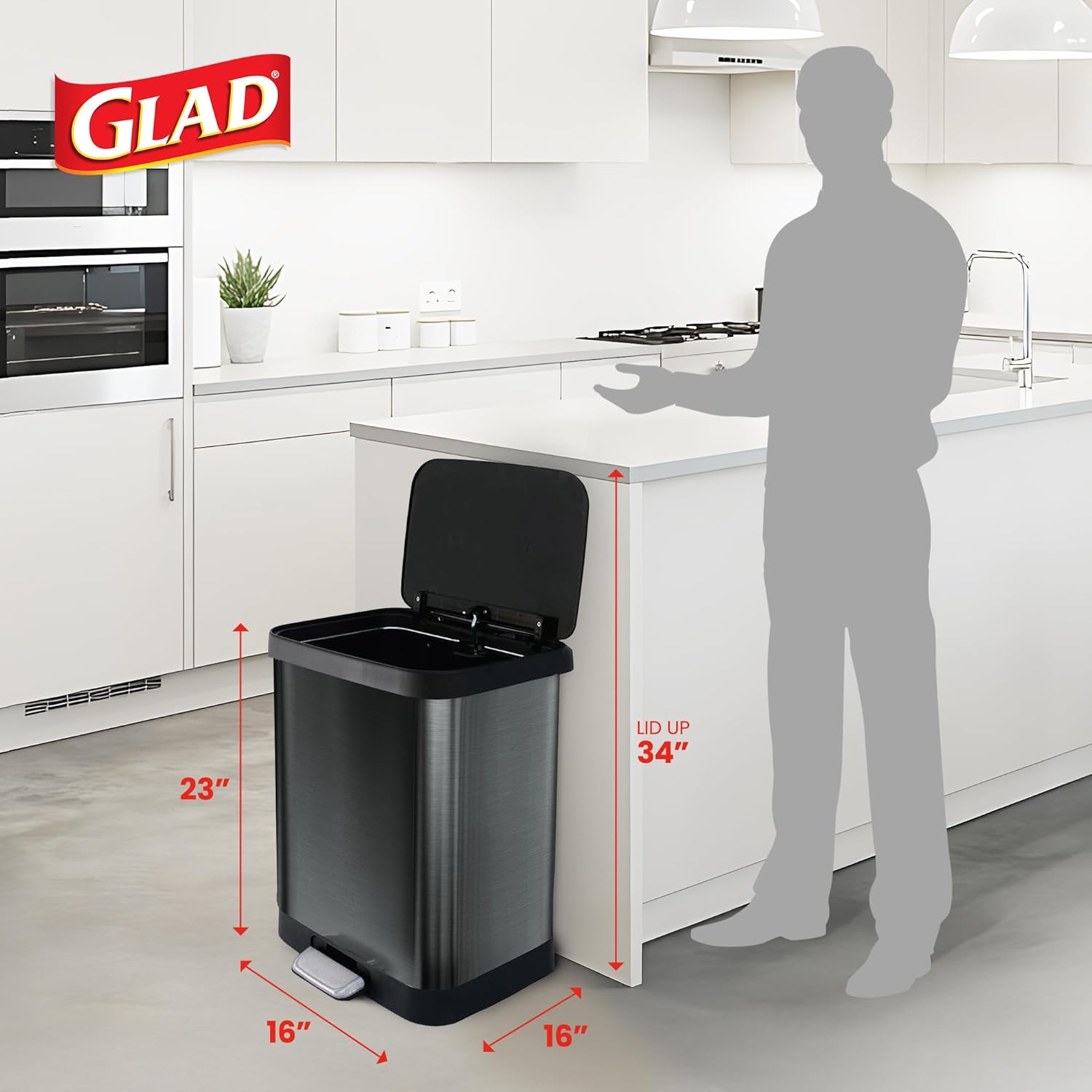 Stainless steel kitchen trash can in pewter finish, modern cylindrical form factor with odor control lid — view 2