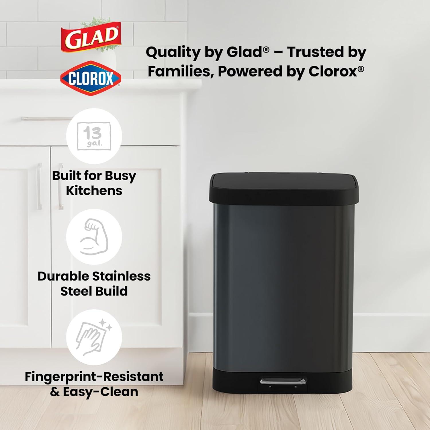 Stainless steel kitchen trash can in pewter finish, modern cylindrical form factor with odor control lid — view 5