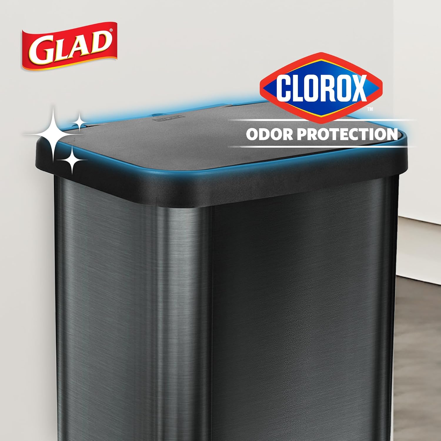 Stainless steel kitchen trash can in pewter finish, modern cylindrical form factor with odor control lid — view 2