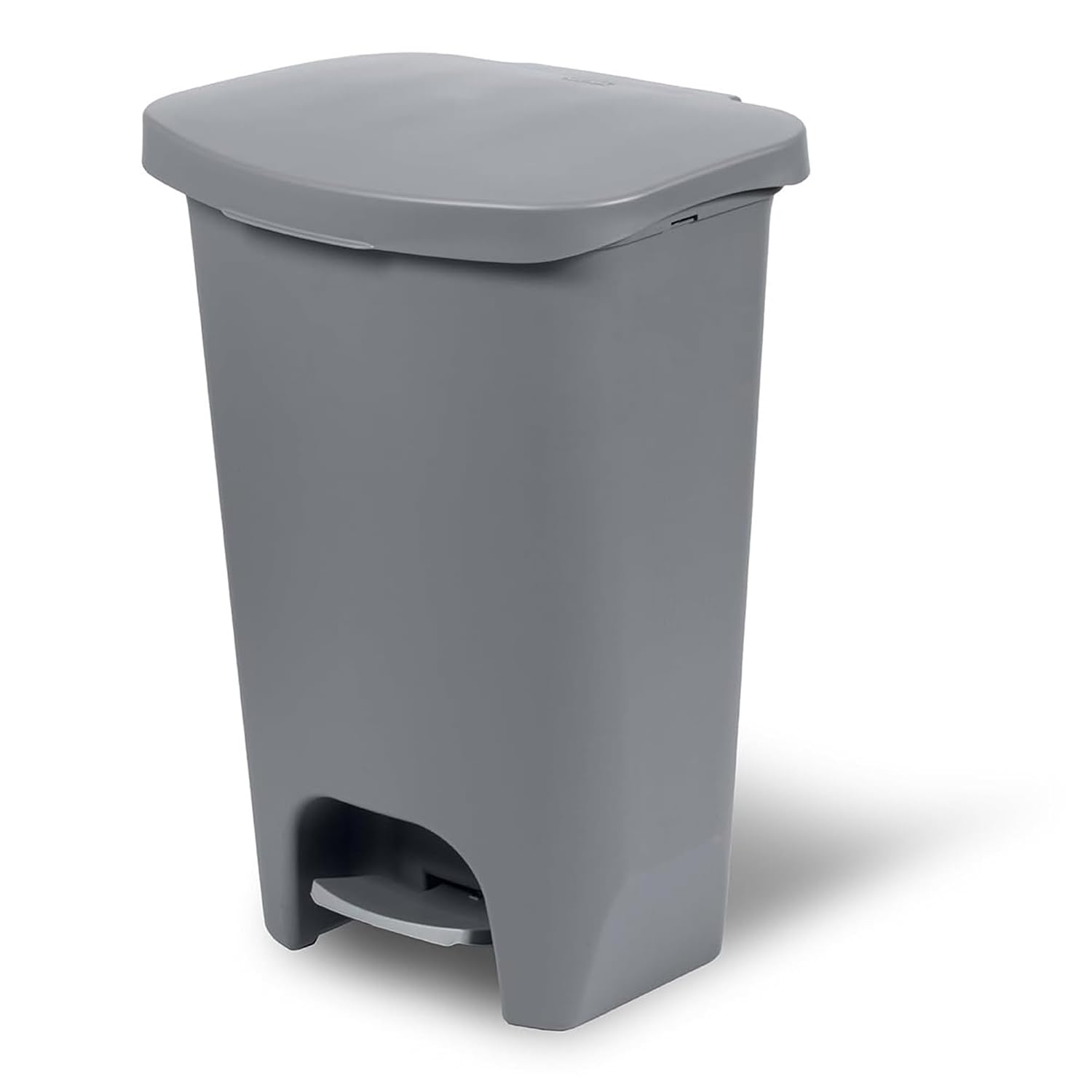 Modern farmhouse grey plastic kitchen trash can, 13-gallon capacity with odor protection, shown from front angle in neutral tone — view 1