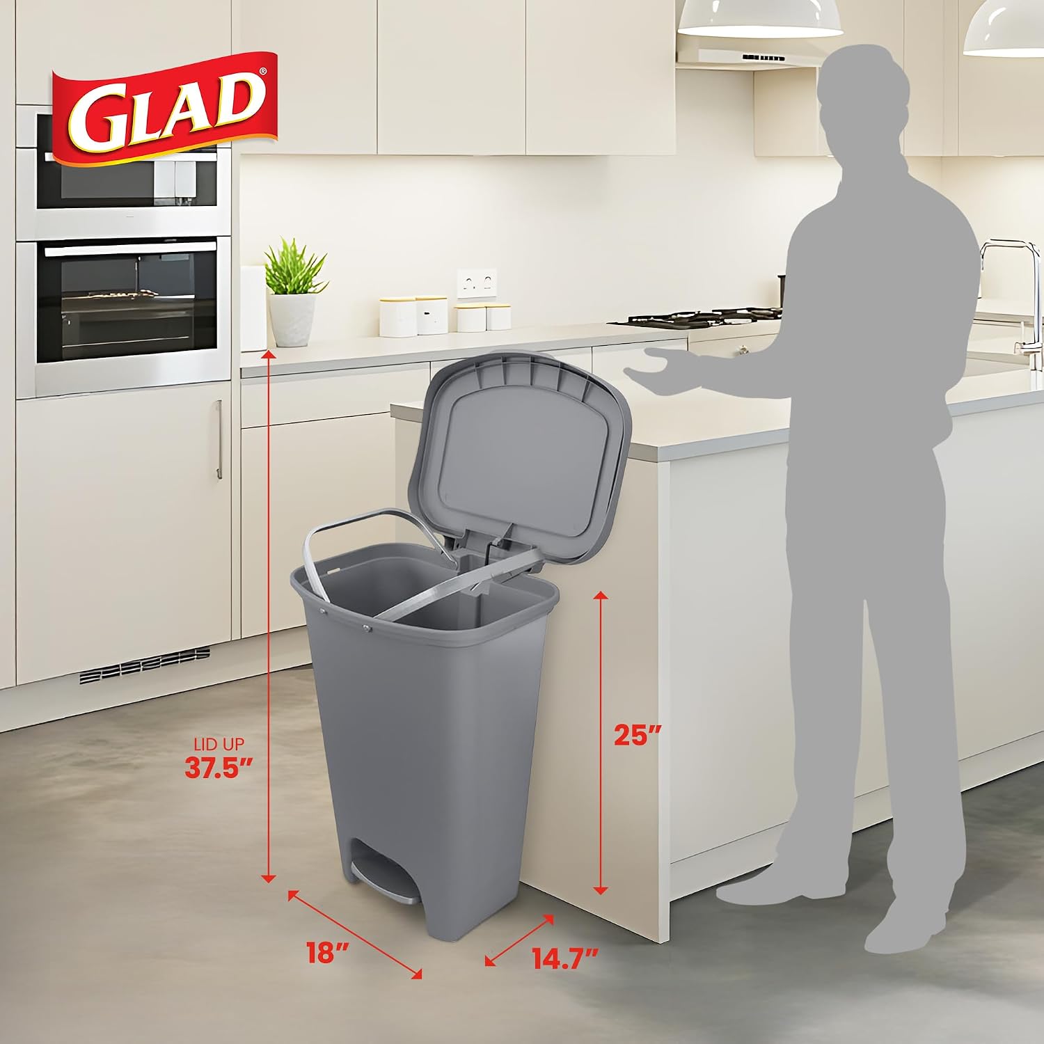Modern farmhouse grey plastic kitchen trash can, 13-gallon capacity with odor protection, shown from front angle in neutral tone — view 2