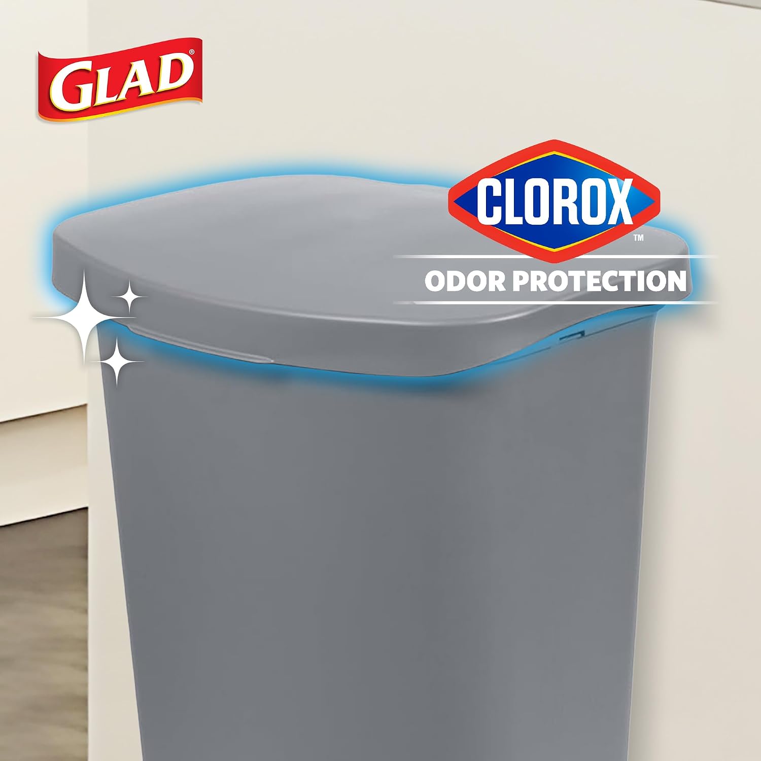 Modern farmhouse grey plastic kitchen trash can, 13-gallon capacity with odor protection, shown from front angle in neutral tone — view 3