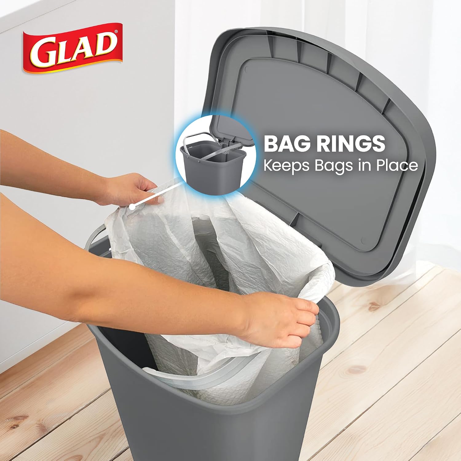 Modern farmhouse grey plastic kitchen trash can, 13-gallon capacity with odor protection, shown from front angle in neutral tone — view 2
