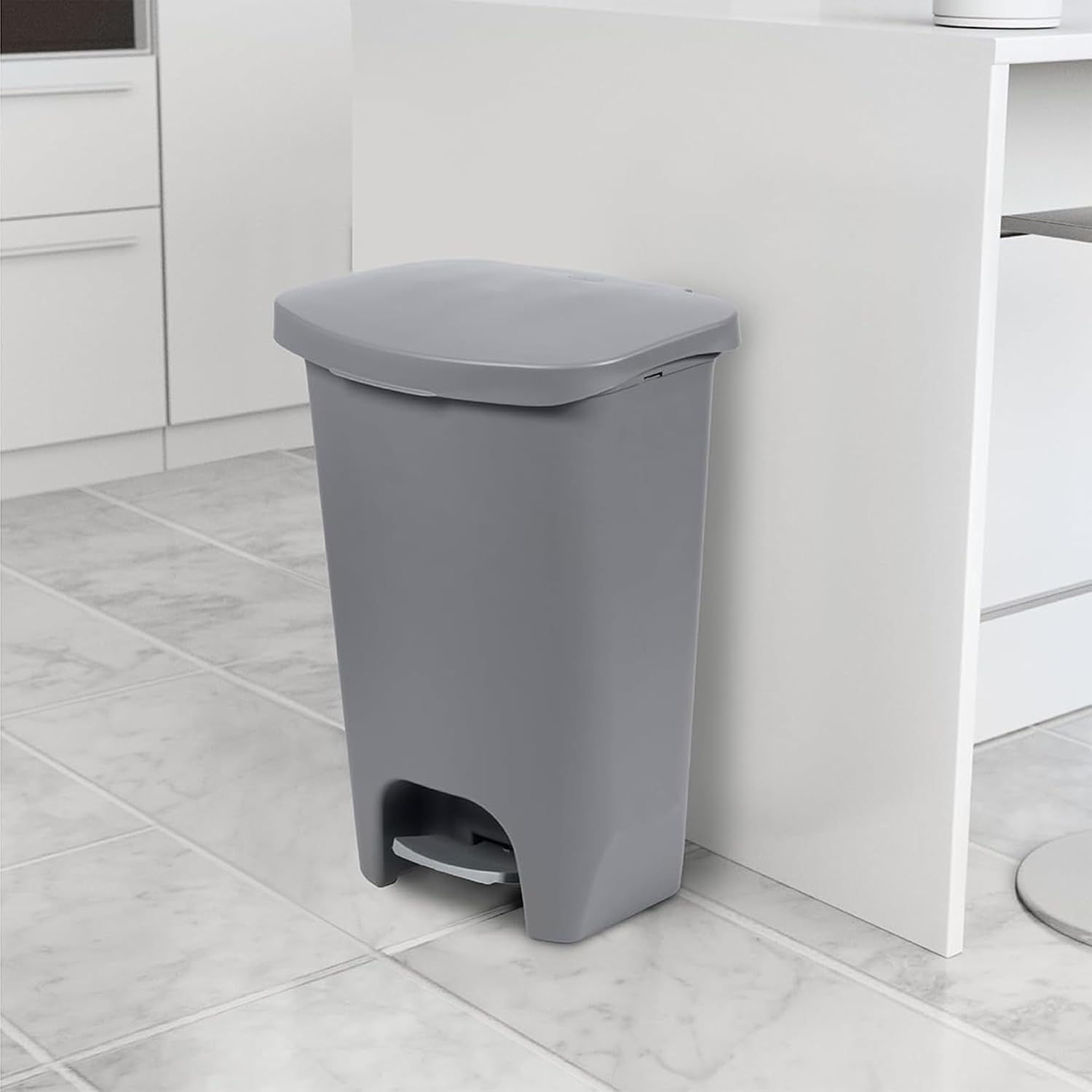 Modern farmhouse grey plastic kitchen trash can, 13-gallon capacity with odor protection, shown from front angle in neutral tone — view 4