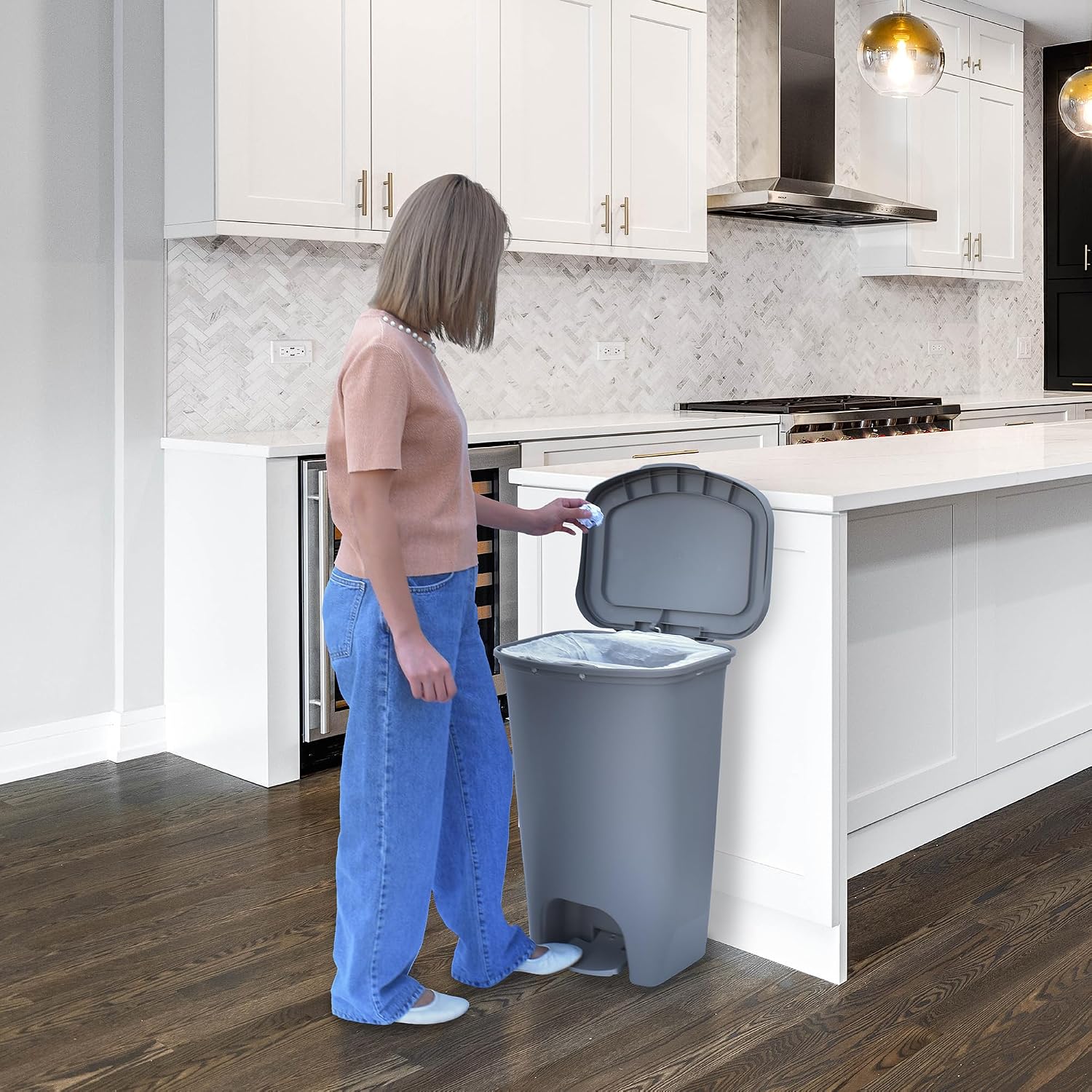 Modern farmhouse grey plastic kitchen trash can, 13-gallon capacity with odor protection, shown from front angle in neutral tone — view 5