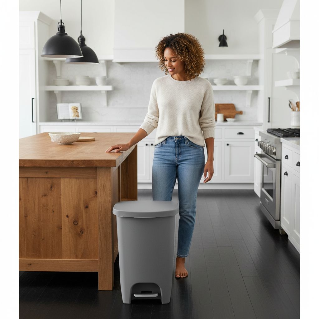 Modern farmhouse grey plastic kitchen trash can, 13-gallon capacity with odor protection, shown from front angle in neutral tone — view 3b