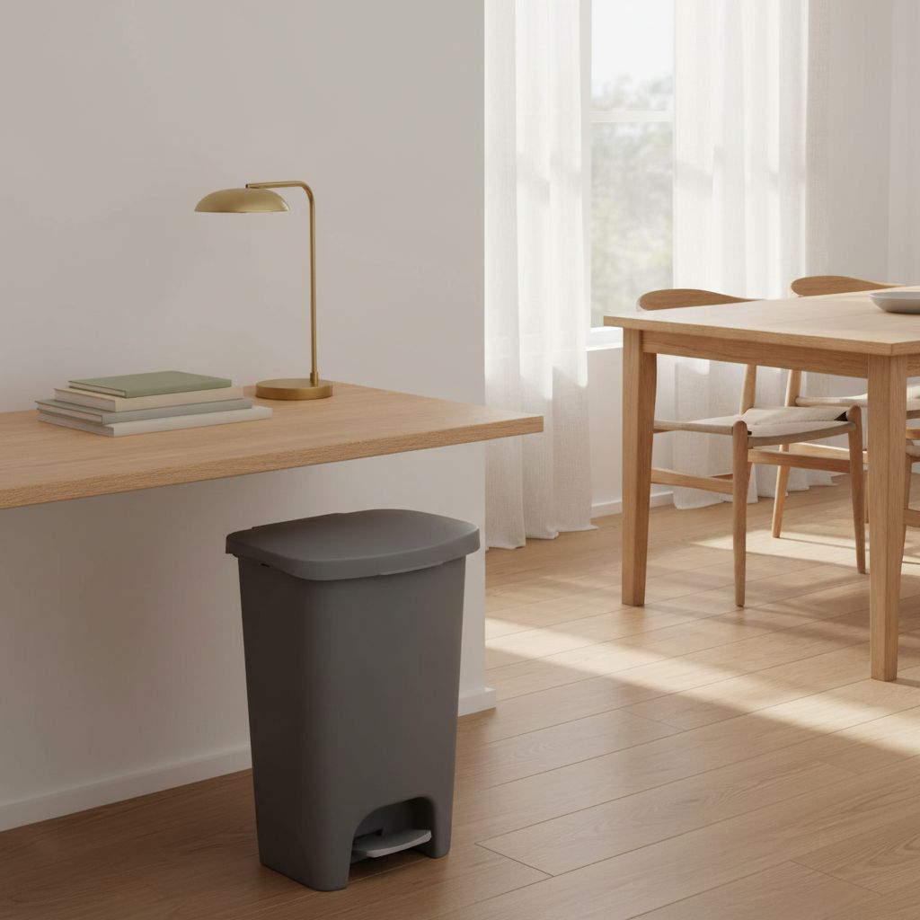 Modern farmhouse grey plastic kitchen trash can, 13-gallon capacity with odor protection, shown from front angle in neutral tone — view 5b