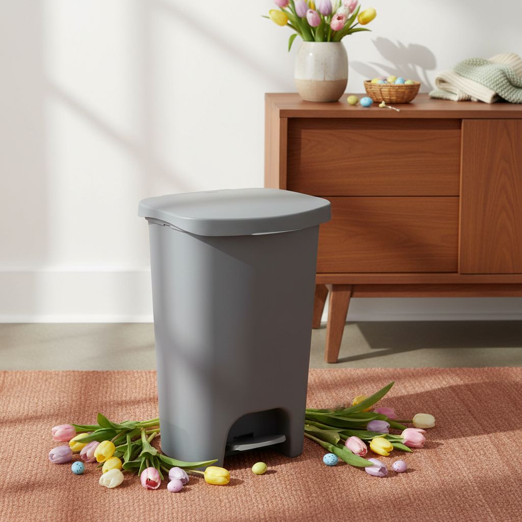 Modern farmhouse grey plastic kitchen trash can, 13-gallon capacity with odor protection, shown from front angle in neutral tone — view 4