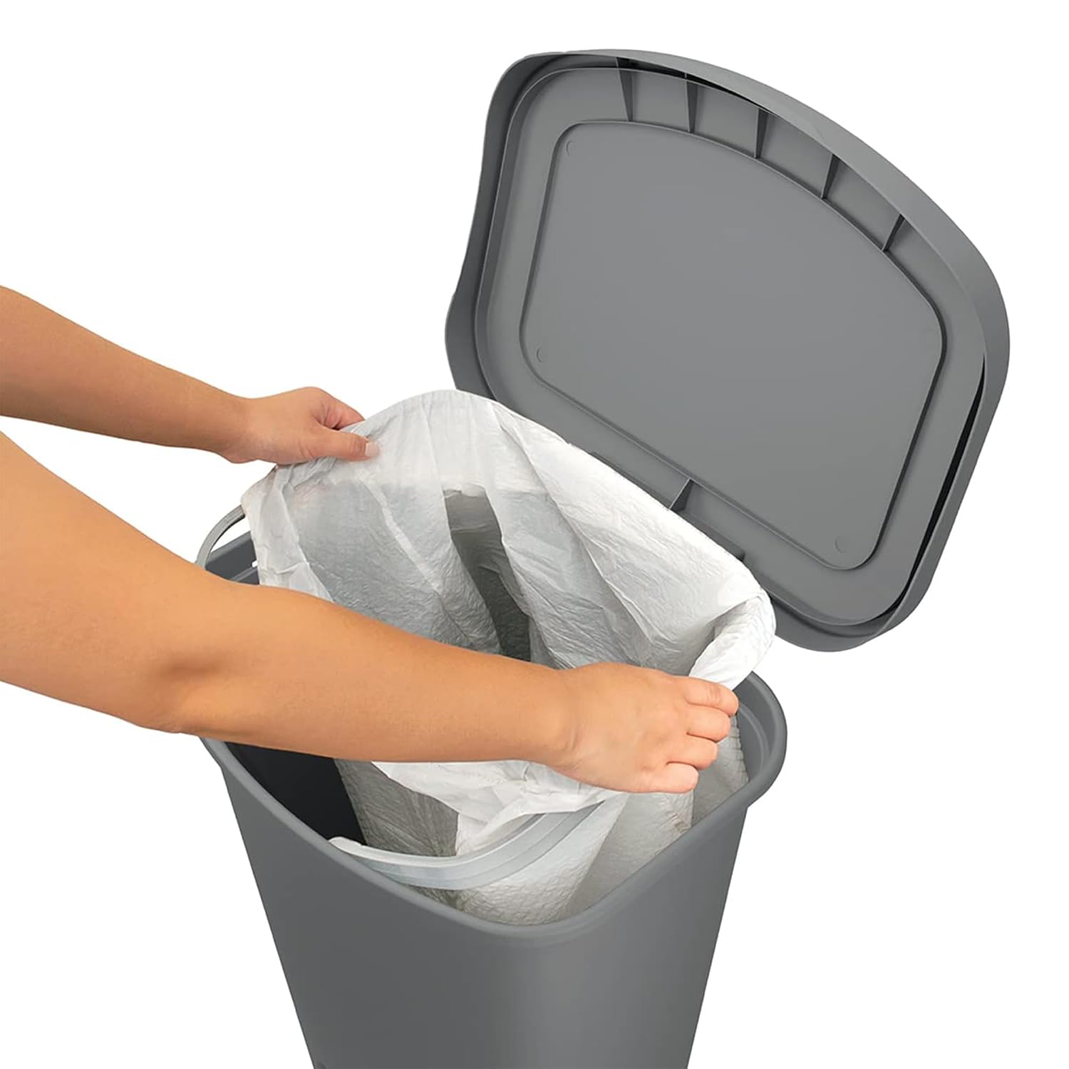 Modern farmhouse grey plastic kitchen trash can, 13-gallon capacity with odor protection, shown from front angle in neutral tone — view 5a