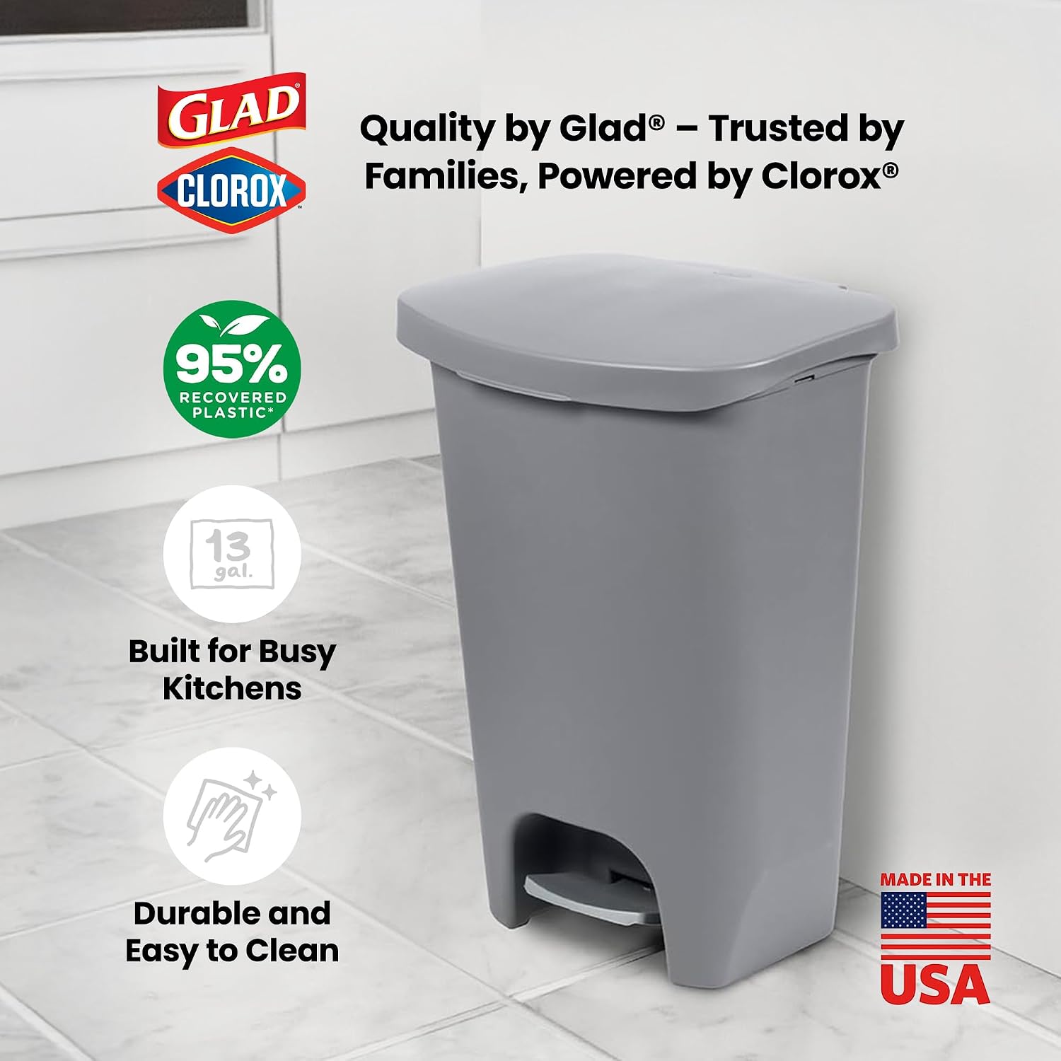 Modern farmhouse grey plastic kitchen trash can, 13-gallon capacity with odor protection, shown from front angle in neutral tone — hero view 2